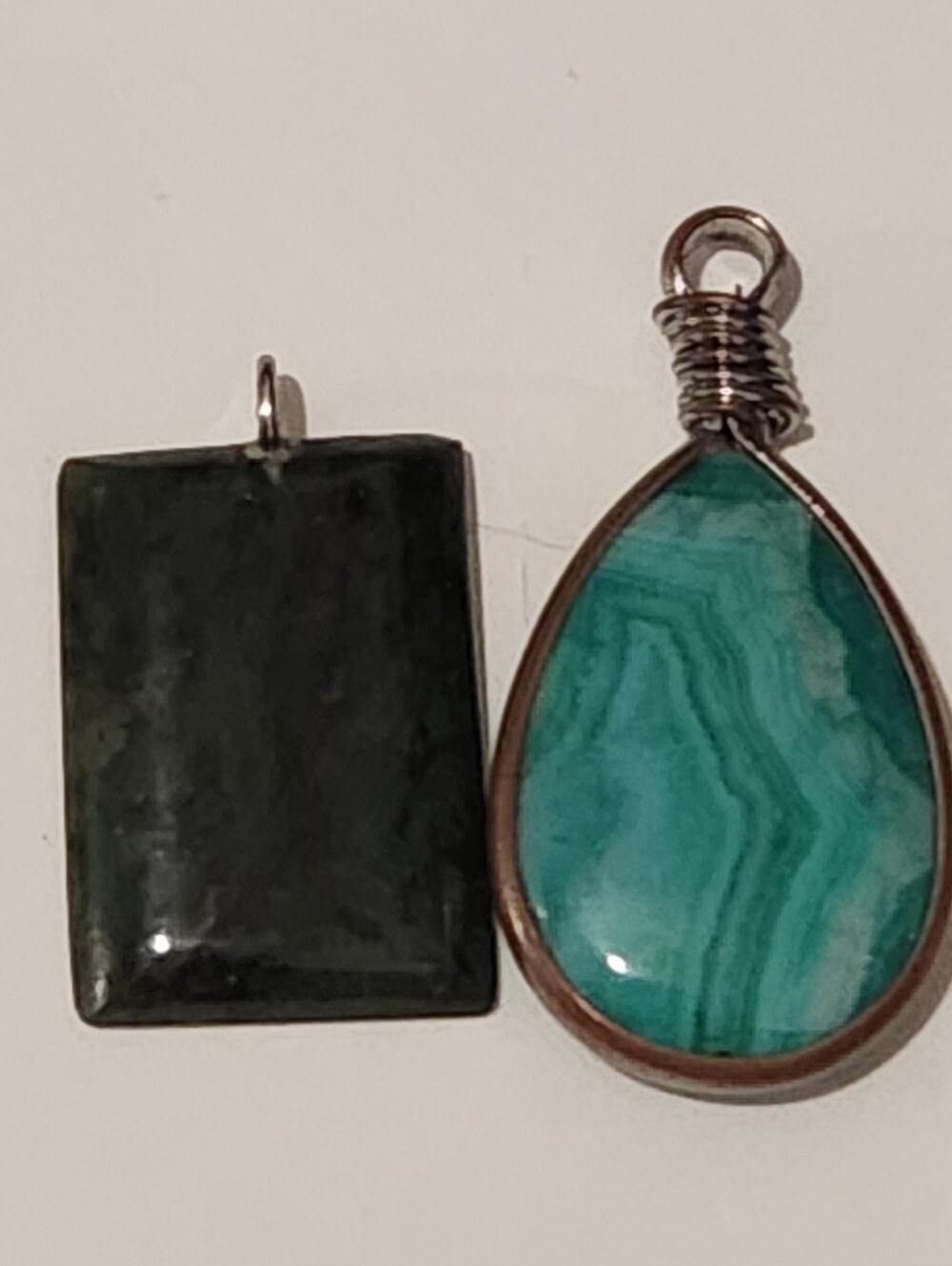 Teal Agate Teardrop Pendant and Dark Prehnite Pendant